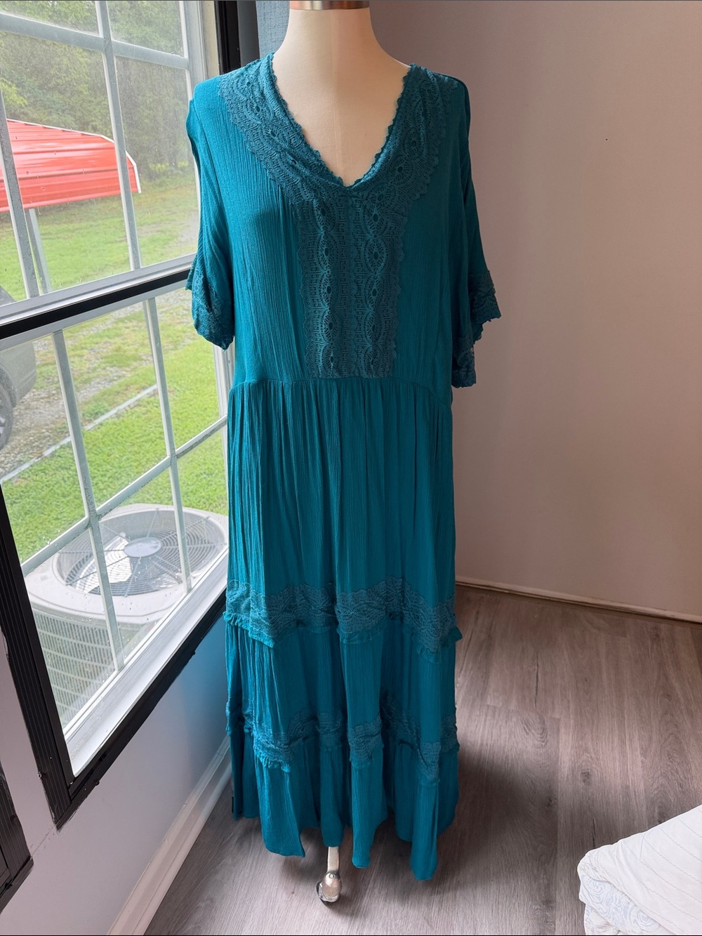 Roaman's Teal Lace-Trim V-Neck Tiered Maxi Dress 18/20